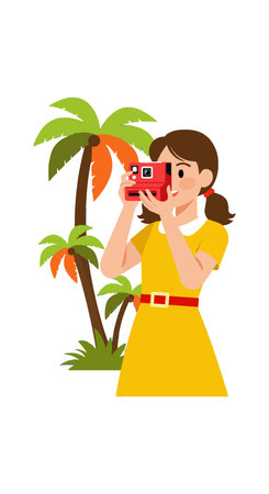 Woman wearing yellow dress takes a photo with a camera near palm trees in a summer outdoor setting. Bright and cheerful mood.のイラスト素材