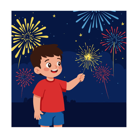 Young boy in red shirt holds a lit sparkler with vibrant fireworks exploding in the dark night sky, creating a festive and joyful mood.のイラスト素材