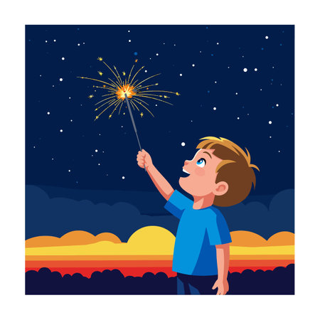 A boy in blue shirt holds a sparkling firework under a starry night sky with a vibrant sunset horizon, creating a joyful mood.のイラスト素材