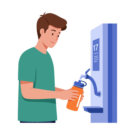 A young man fills an orange water bottle from a blue water dispenser, promoting hydration and healthy lifestyle, calm mood.のイラスト素材
