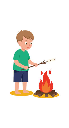 Illustration shows a boy roasting a marshmallow over a campfire wearing a green shirt and navy shorts in a cheerful mood.のイラスト素材