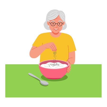 Elderly woman with gray hair and glasses sprinkles seasoning on a bowl of food at a green table in a cozy setting. Calm mood.のイラスト素材