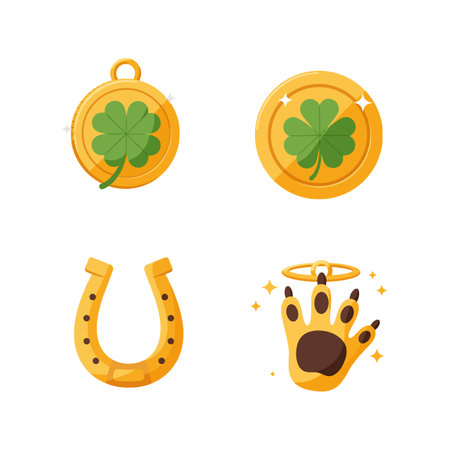 This vector illustration shows lucky four leaf clover charms, a horseshoe, and a paw print with a halo in golden color, conveying fortune and protection mood.のイラスト素材