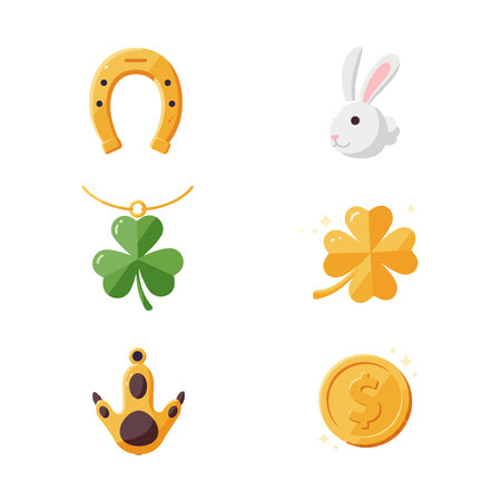 This vector illustration shows lucky symbols including horseshoe, shamrock, four leaf clover, rabbit, paw print, and coin in a simple style. Cheerful mood.のイラスト素材