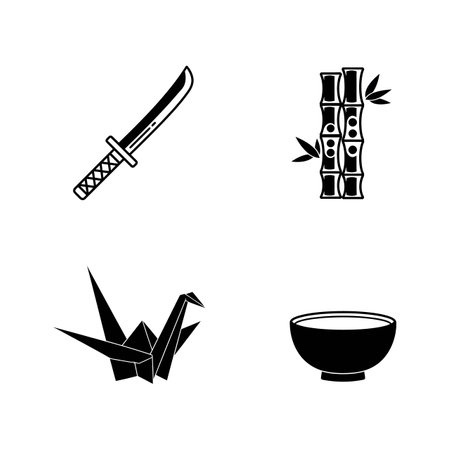 This vector set shows traditional Japanese katana sword, bamboo stalk, origami crane, and rice bowl icons in simple black style, evoking cultural calmness.のイラスト素材