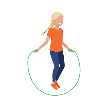 Girl with blonde hair jumps rope wearing orange shirt and blue pants in a simple vector illustration style lively sceneのイラスト素材