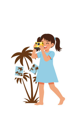 A young girl in a blue dress takes photos with a camera near palm trees, capturing tropical scenes in a cheerful mood.のイラスト素材