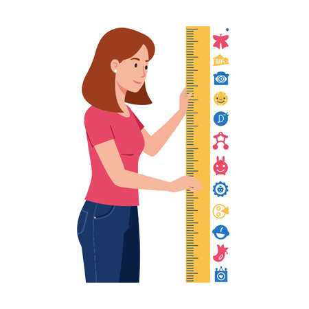 Illustration shows a young woman measuring height with a yellow ruler in casual clothes, standing in profile. The mood is focused and calm.のイラスト素材