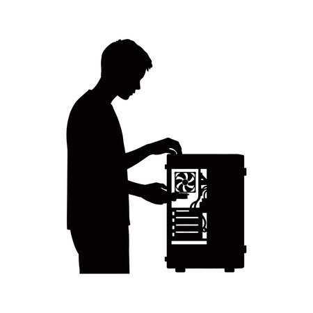 Silhouette shows man working on computer tower with visible cooling fan, demonstrating technical repair or assembly. Mood is focused.のイラスト素材
