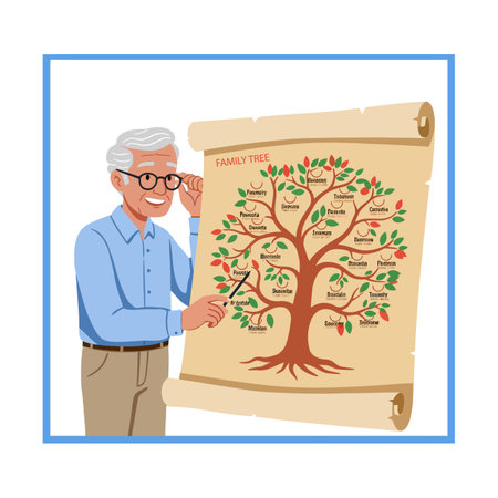Illustration shows elderly man pointing to family tree chart with names and branches in a calm setting. Educational and nostalgic mood.のイラスト素材