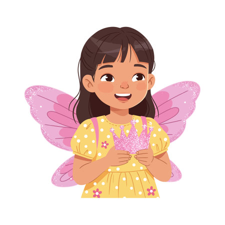 Illustration shows a happy little girl with brown hair, pink wings, and yellow dress holding a sparkling crown, radiating joyful mood.のイラスト素材