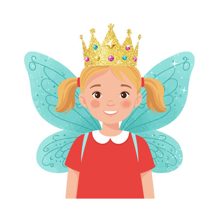 A cheerful girl with blonde hair in pigtails wears a sparkling golden crown and blue fairy wings, dressed in a red outfit. Bright and playful mood.のイラスト素材
