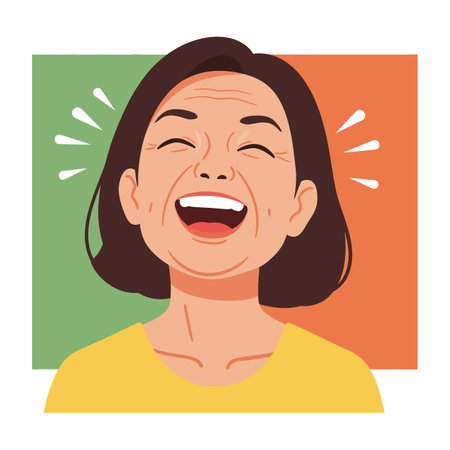 Illustration shows a middle aged woman laughing joyfully with eyes closed and short hair, set on green and orange background, cheerful mood.のイラスト素材