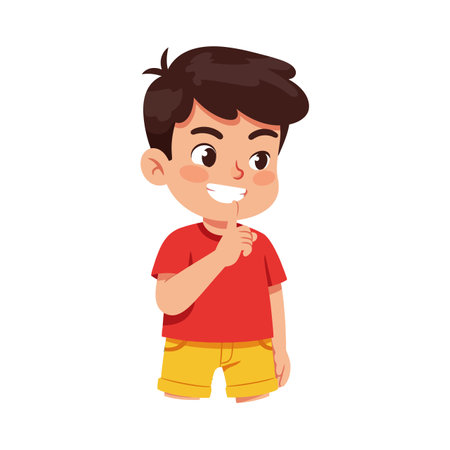 Vector illustration of a boy wearing red shirt and yellow shorts making a shushing gesture, expressing silence or secrecy, cheerful mood.のイラスト素材