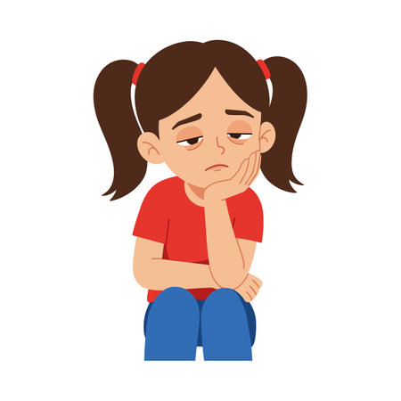 Illustration shows a sad little girl sitting with hand on face wearing red shirt and blue pants in a thoughtful pose. Melancholy mood.のイラスト素材