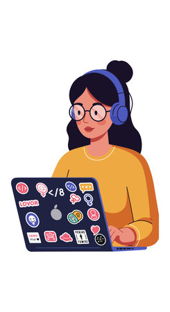 A woman with glasses and headphones codes on a laptop covered with stickers, focused on her work in a creative environment, calm mood.のイラスト素材