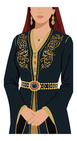 Woman in traditional black and gold embroidered dress with gold jewelry and a green pendant stands with hands folded, elegant and poised.のイラスト素材