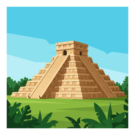 Vector illustration shows a Mayan pyramid with stairs surrounded by green plants and trees under a...