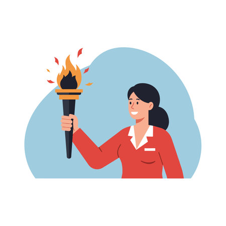 Illustration shows woman holding a flaming torch wearing a red outfit against a blue background in portrait orientation. Bright and inspiring mood.のイラスト素材