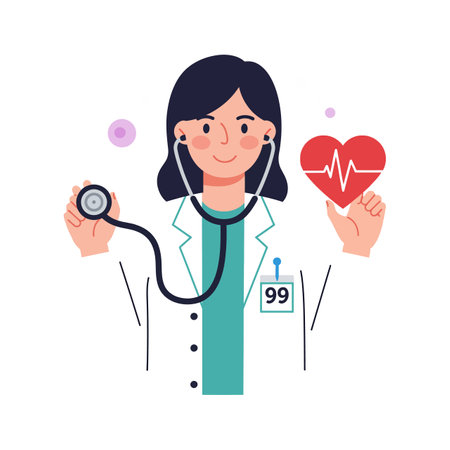 Illustration shows a female doctor holding a stethoscope and heart symbol representing health care and medicine in a friendly style. Cheerful mood.のイラスト素材
