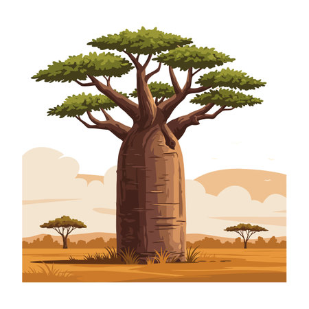 Illustration shows a large baobab tree with green leaves standing in a dry savannah landscape under cloudy sky, creating a calm natural scene.のイラスト素材