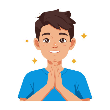 Illustration shows a young boy with brown hair and blue shirt expressing gratitude with hands together and smiling face, bright mood.のイラスト素材