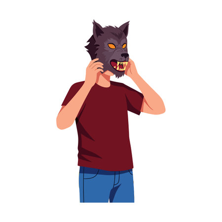 Illustration of a person putting on a scary werewolf mask with glowing eyes and sharp teeth, wearing casual red shirt and blue jeans, eerie mood.のイラスト素材