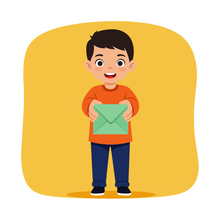 Illustration shows a happy boy holding a green envelope on orange background in vector style with cheerful mood.のイラスト素材