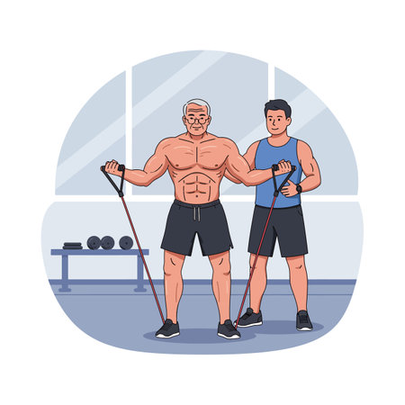 Muscular mature man exercises with resistance bands guided by young trainer in a bright gym setting, conveying determination and focus.のイラスト素材