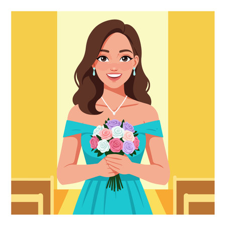 Woman in turquoise dress holds a bouquet of roses indoors with warm yellow lighting, creating a cheerful and elegant atmosphere.のイラスト素材