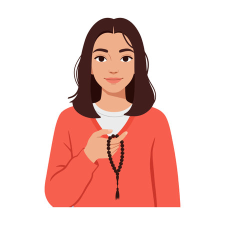 Illustration shows a woman holding black prayer beads wearing a red sweater and white shirt, facing forward with calm expression, portrait vector.のイラスト素材