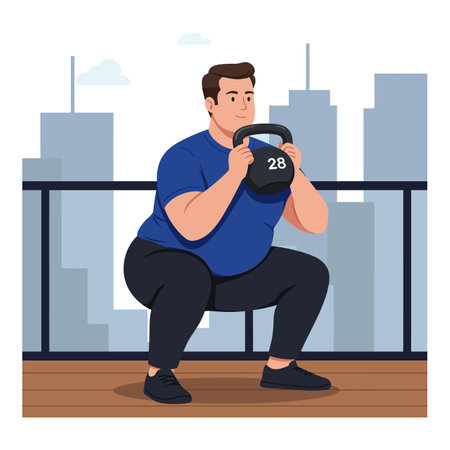 Man performs squat exercise holding a 28 kettlebell outdoors on wooden floor with city skyline background calm mood.のイラスト素材