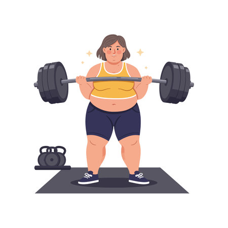 Illustration shows a woman lifting a heavy barbell during weight training in a gym setting with focused expression and effort mood.のイラスト素材