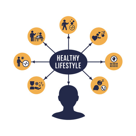 Illustration shows a person silhouette with healthy lifestyle icons representing fitness, nutrition, sleep, and mental health in calm design. Relaxing mood.のイラスト素材