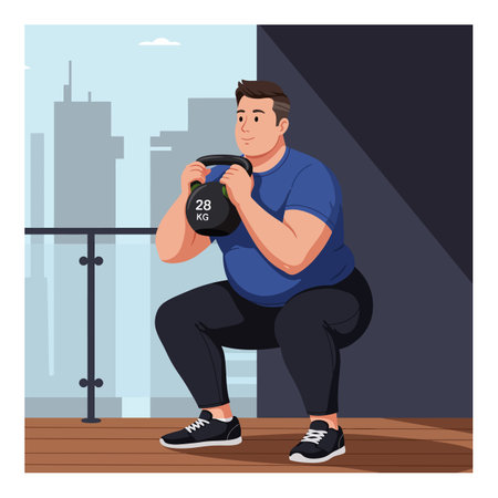 A man performs a kettlebell squat exercise indoors with urban buildings visible outside, showing strength training in a focused mood.のイラスト素材