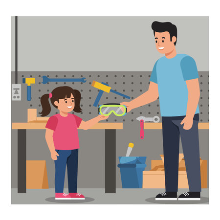 Man hands safety goggles to girl in a workshop environment, teaching and bonding in a bright, calm atmosphere. Cheerful mood.のイラスト素材