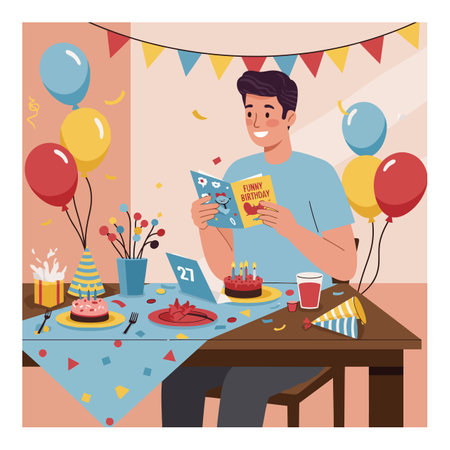 A man reads a birthday card while sitting at a decorated table with cake and balloons. The scene feels joyful and festive.のイラスト素材