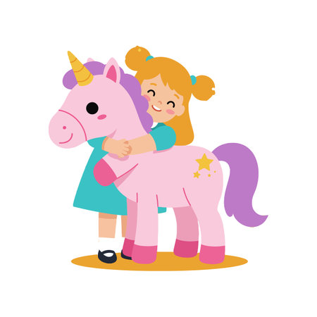Illustration shows a smiling girl hugging a pink unicorn toy with purple mane, conveying joy and innocence in a playful mood.のイラスト素材