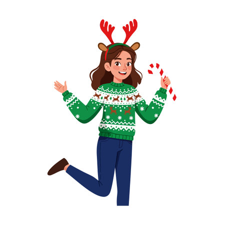 A cheerful girl in a green patterned sweater and reindeer antlers holds a candy cane, expressing festive joy and holiday spirit. Bright mood.のイラスト素材