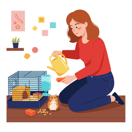 Woman kneels on the floor and waters the hamster habitat while a hamster looks on in a cozy home setting. Calm atmosphere.のイラスト素材
