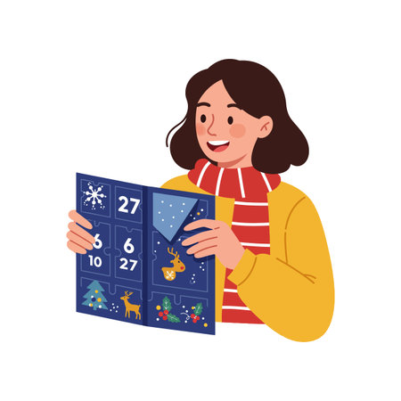A smiling girl wearing a red scarf and yellow jacket holds an advent calendar with festive winter symbols, creating a joyful mood.のイラスト素材
