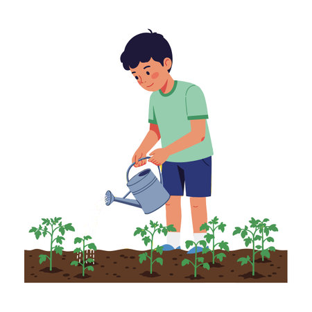 A boy waters garden plants with a watering can, nurturing young vegetable crops outdoors in natural light, creating a calm and peaceful scene.のイラスト素材