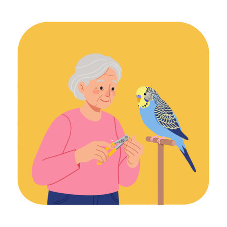 Elderly woman gently clips budgerigar nails while bird perches calmly on stand. The image shows care and patience in a warm setting. Calm mood.のイラスト素材
