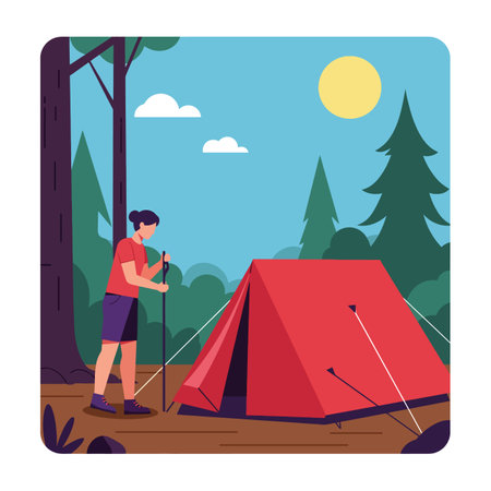 Man sets up red tent using hiking poles in a forest clearing with green trees and bright sun, creating a peaceful outdoor mood.のイラスト素材