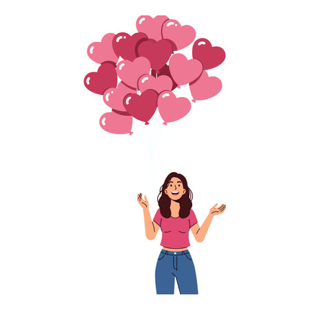 A woman joyfully holds heart-shaped balloons, embodying celebration and happiness.のイラスト素材