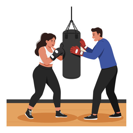 Man and woman wearing gloves train together using a punching bag in a gym environment, showing focus and teamwork mood.のイラスト素材