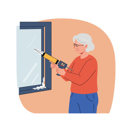 Elderly woman with gray hair uses a caulking gun to apply white sealant on a window frame, focusing on home repair in a calm setting.のイラスト素材