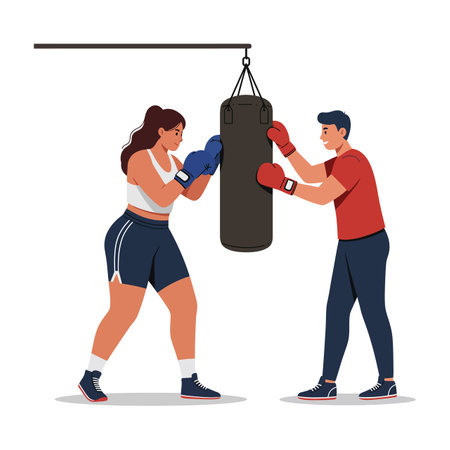 Man and woman train boxing together using a hanging punching bag in a focused and energetic atmosphere. Motivational mood.のイラスト素材