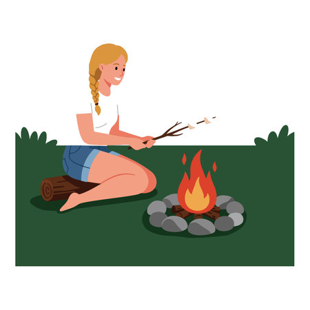 Young girl sits on log roasting marshmallows over campfire surrounded by green grass in a peaceful outdoor scene. Calm mood.のイラスト素材