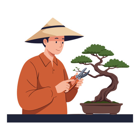 A man trims a bonsai tree carefully using pruning shears, wearing an orange shirt and traditional Asian straw hat, calm and focused.のイラスト素材